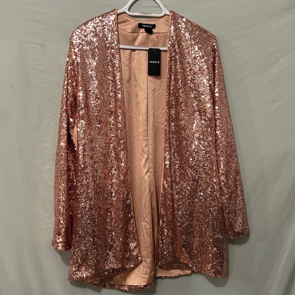 Torrid Rose Gold Sequin Longline Open Front Cardigan Jacket NWT Size 0 L 12